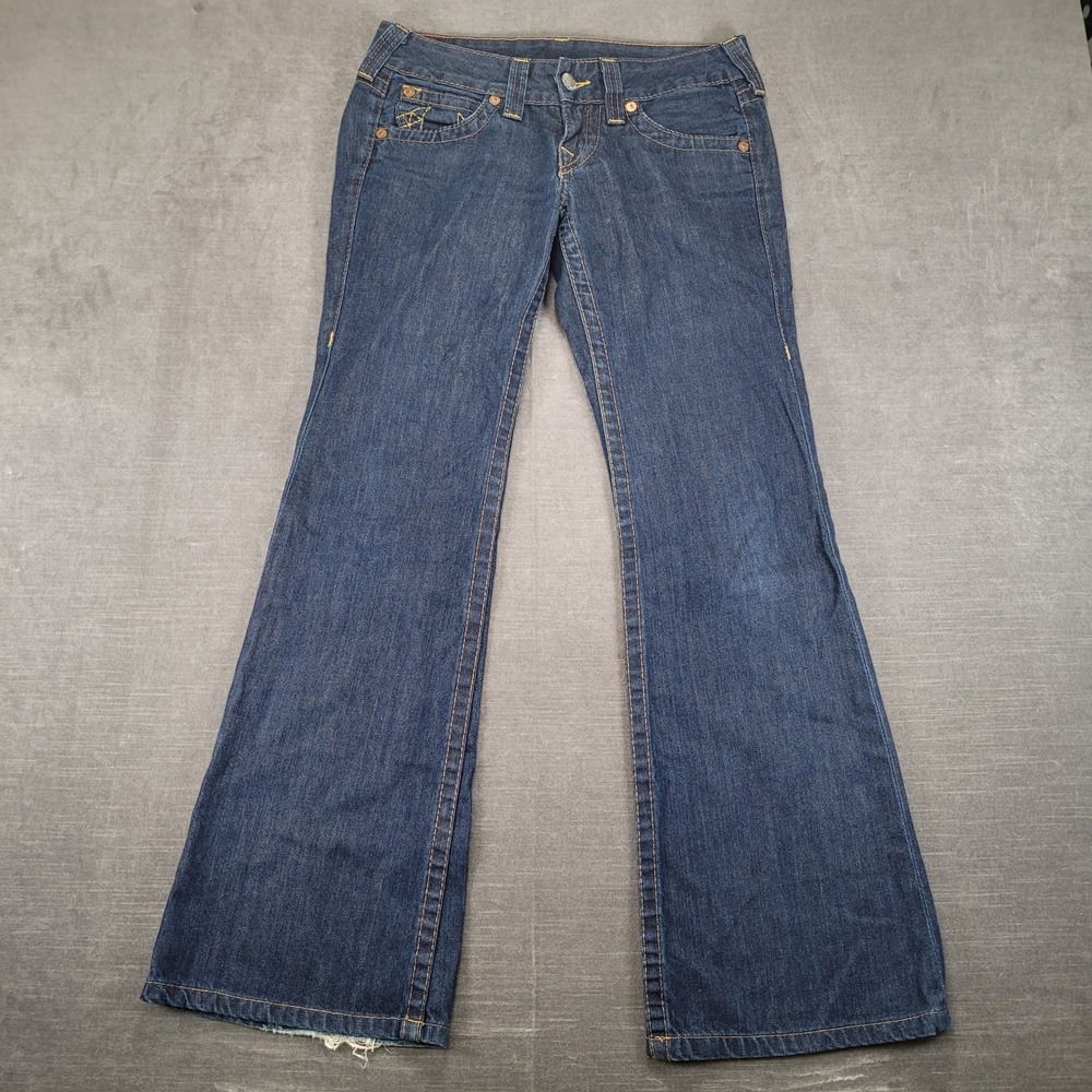 True Religion Womens Joey Flare Jeans Dark Wash Contrast Stitch Size 27 USA Made